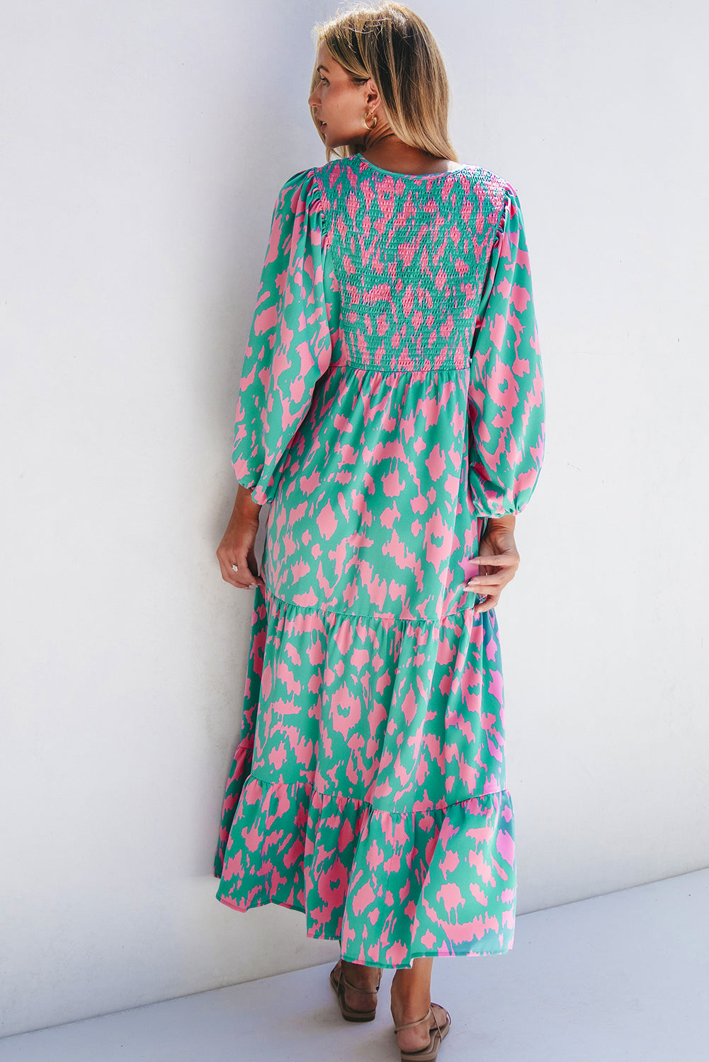 Green Abstract Print Puff Sleeve Tied Notched Neck Long Dress