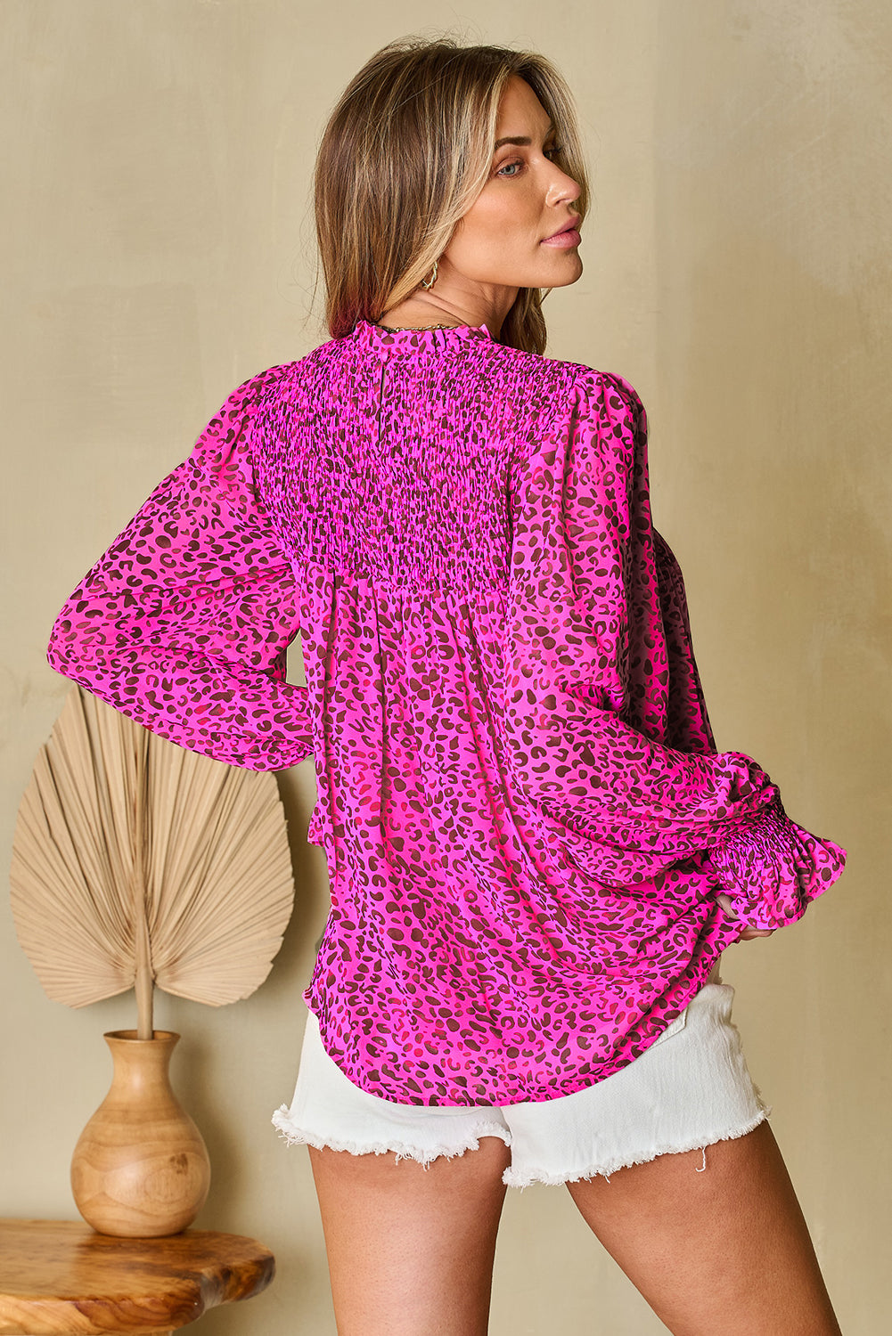 Rose Leopard Shirred Puff Sleeve Flowy Blouse