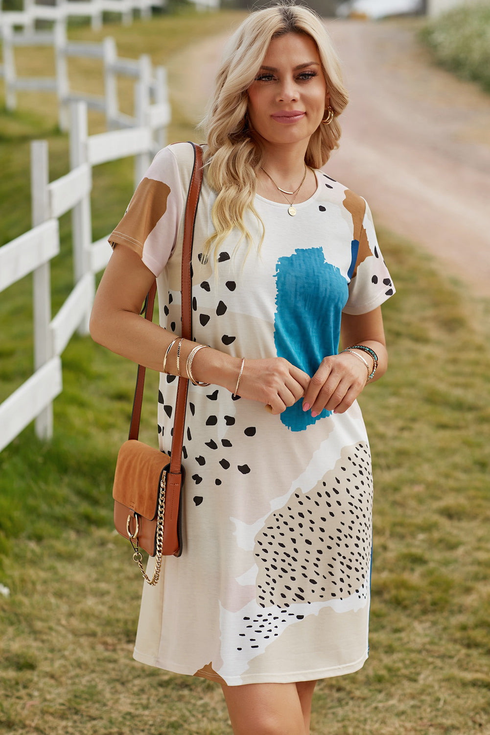 Light Blue Leopard Splicing Color Block Mini Dress