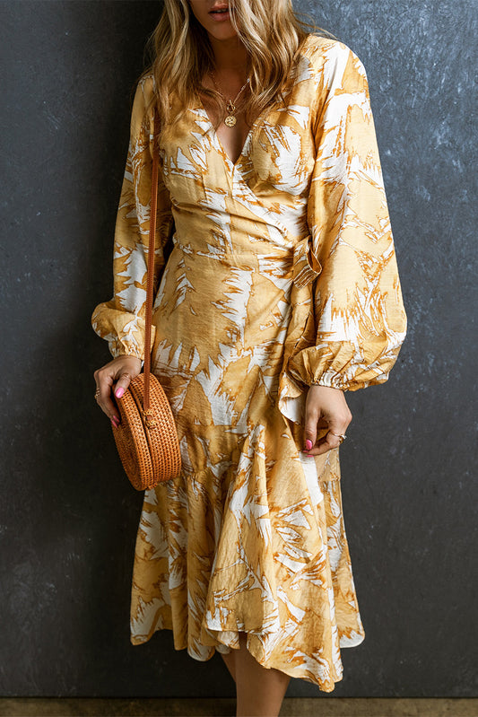 Yellow V Neck Wrap Lace up Bubble Sleeve Floral Dress