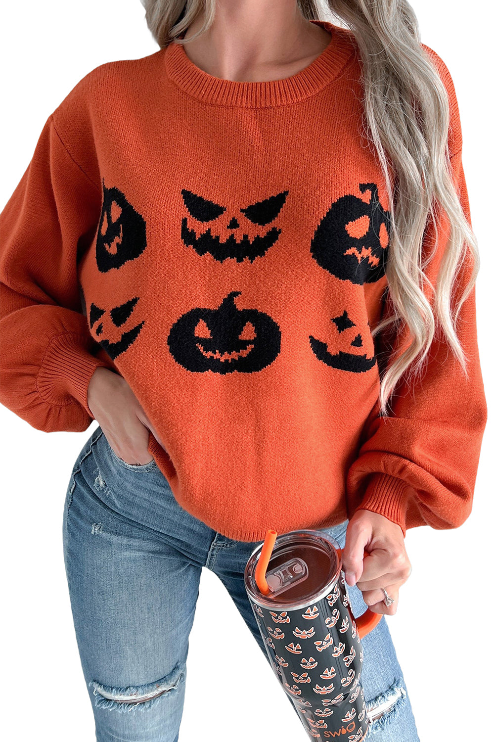 Orange Halloween Pumpkin Face Pattern Drop Shoulder Sweater