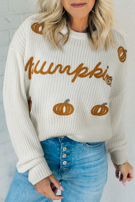 White Pumpkin Yarn Stitch Ribbed Knit Sweater