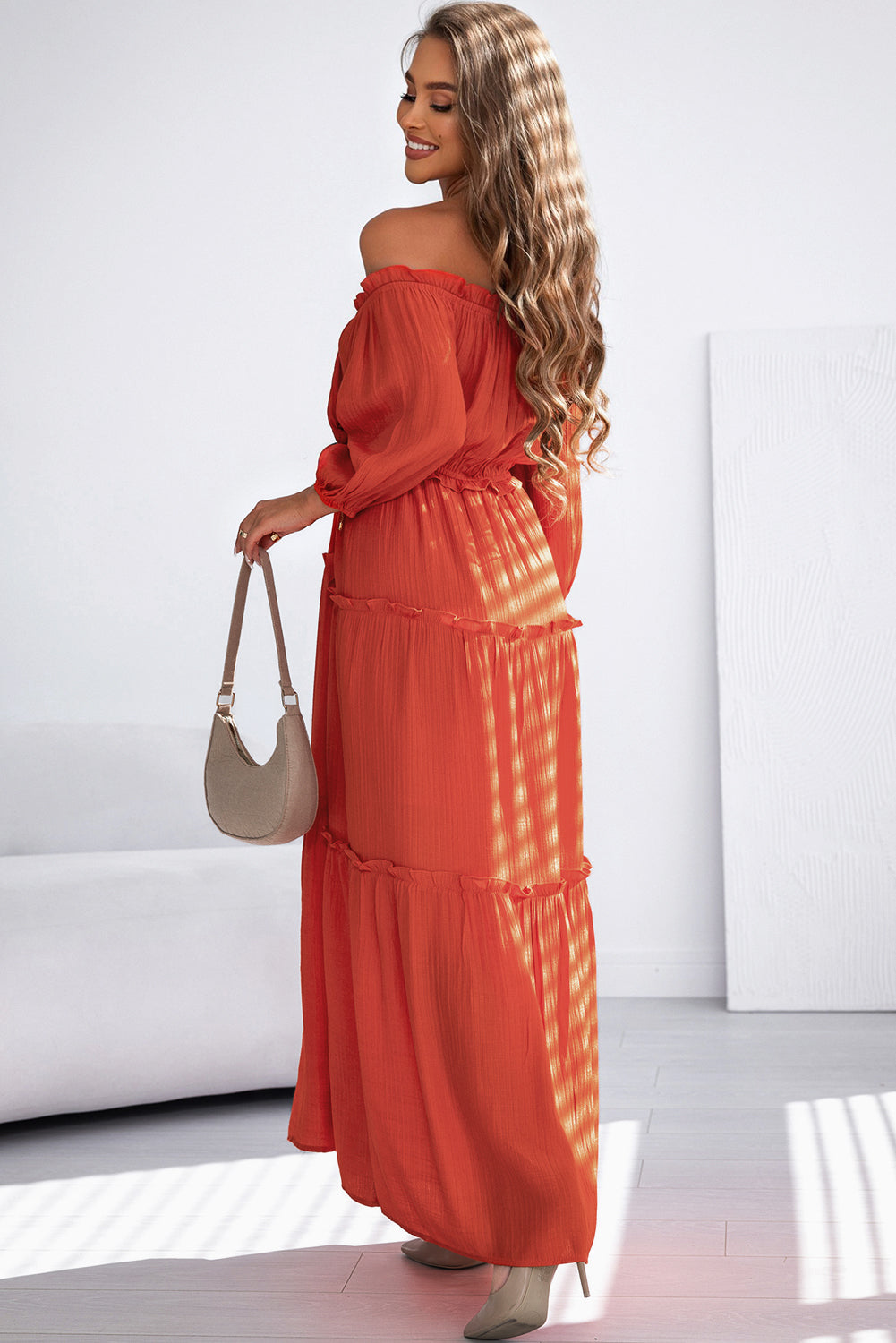 Orange Off Shoulder Balloon Sleeve Cutout Ruffled Maxi Dress