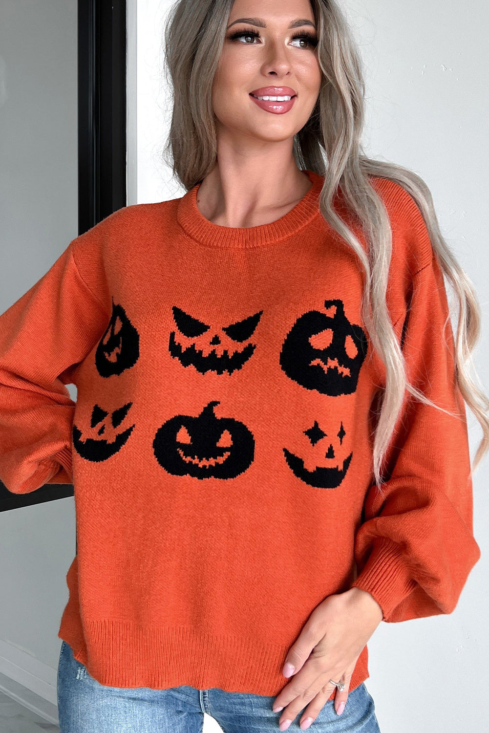 Orange Halloween Pumpkin Face Pattern Drop Shoulder Sweater