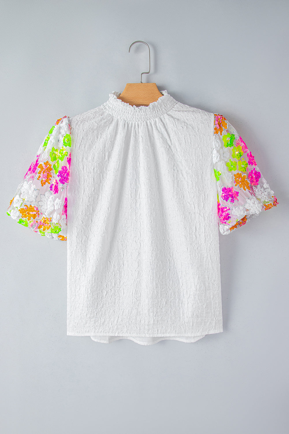White Smocked Collar Sequin Flower Puff Sleeve Textured Top