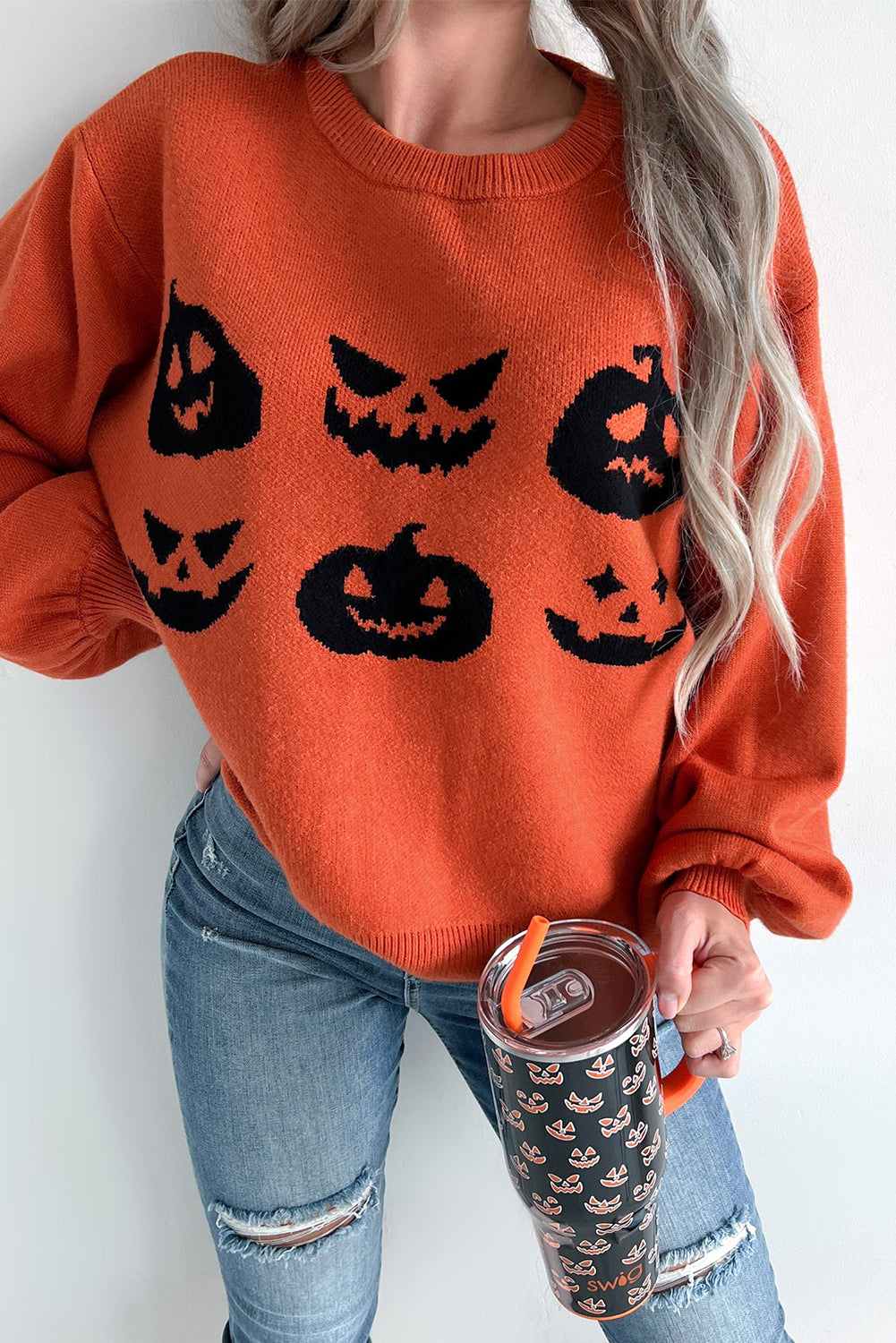 Orange Halloween Pumpkin Face Pattern Drop Shoulder Sweater