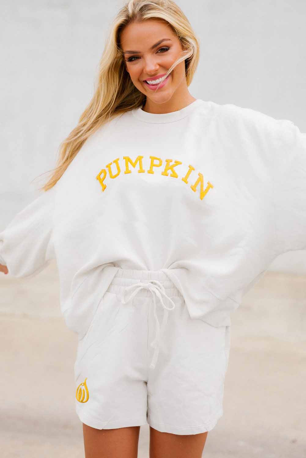 White PUMPKIN Flocking Graphic Pullover Sweatshirt and Shorts Set