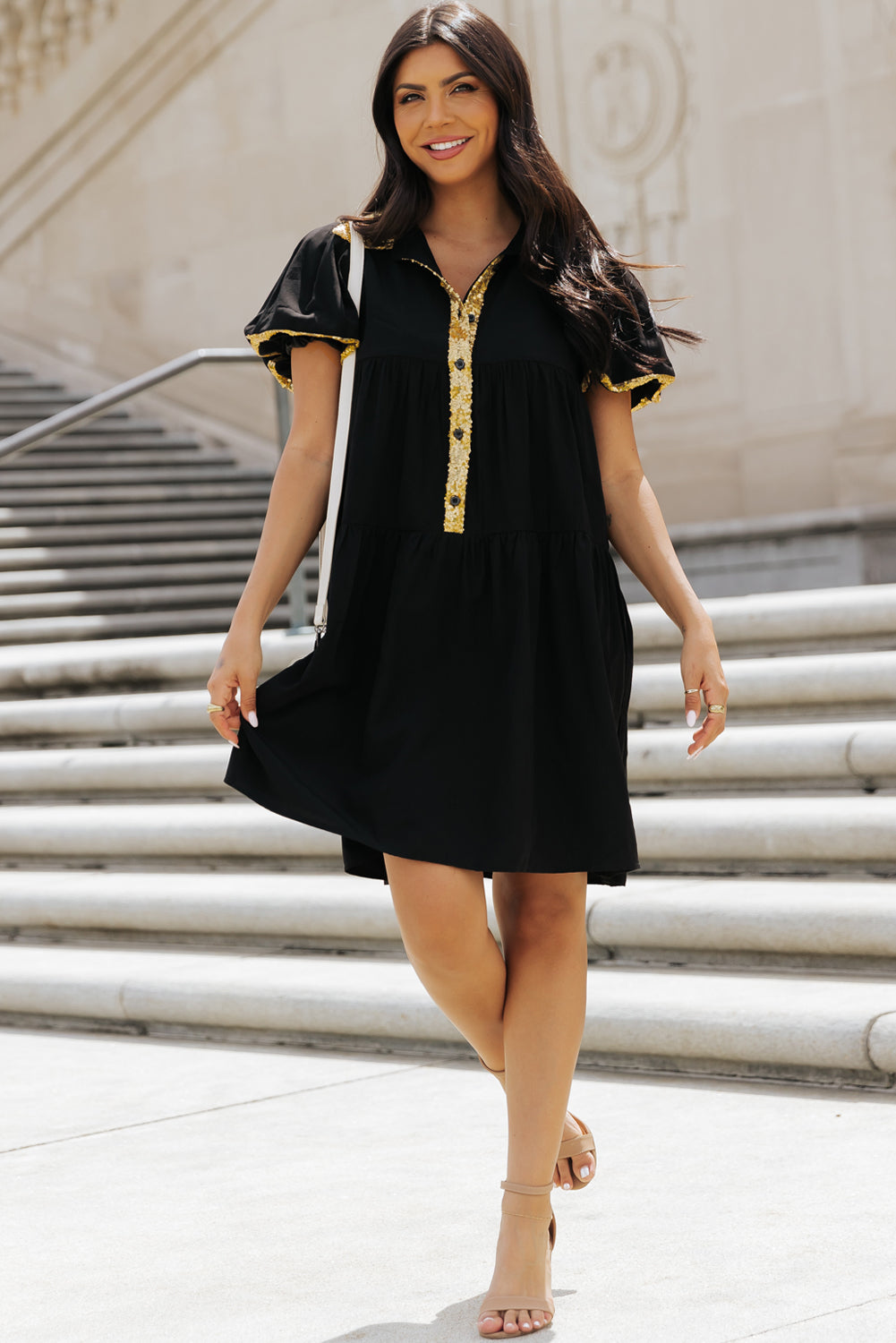 Black Sequin Trim Bubble Sleeve Game Day Shirt Dress