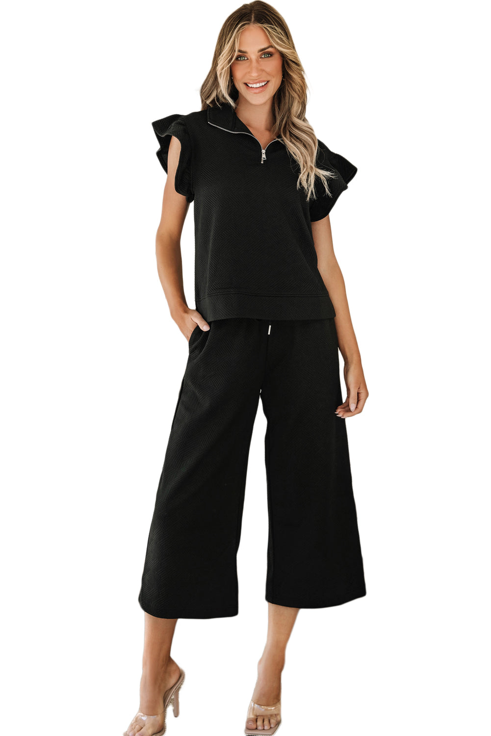 Black Textured Flutter Sleeve Top Wide Leg Pants Set