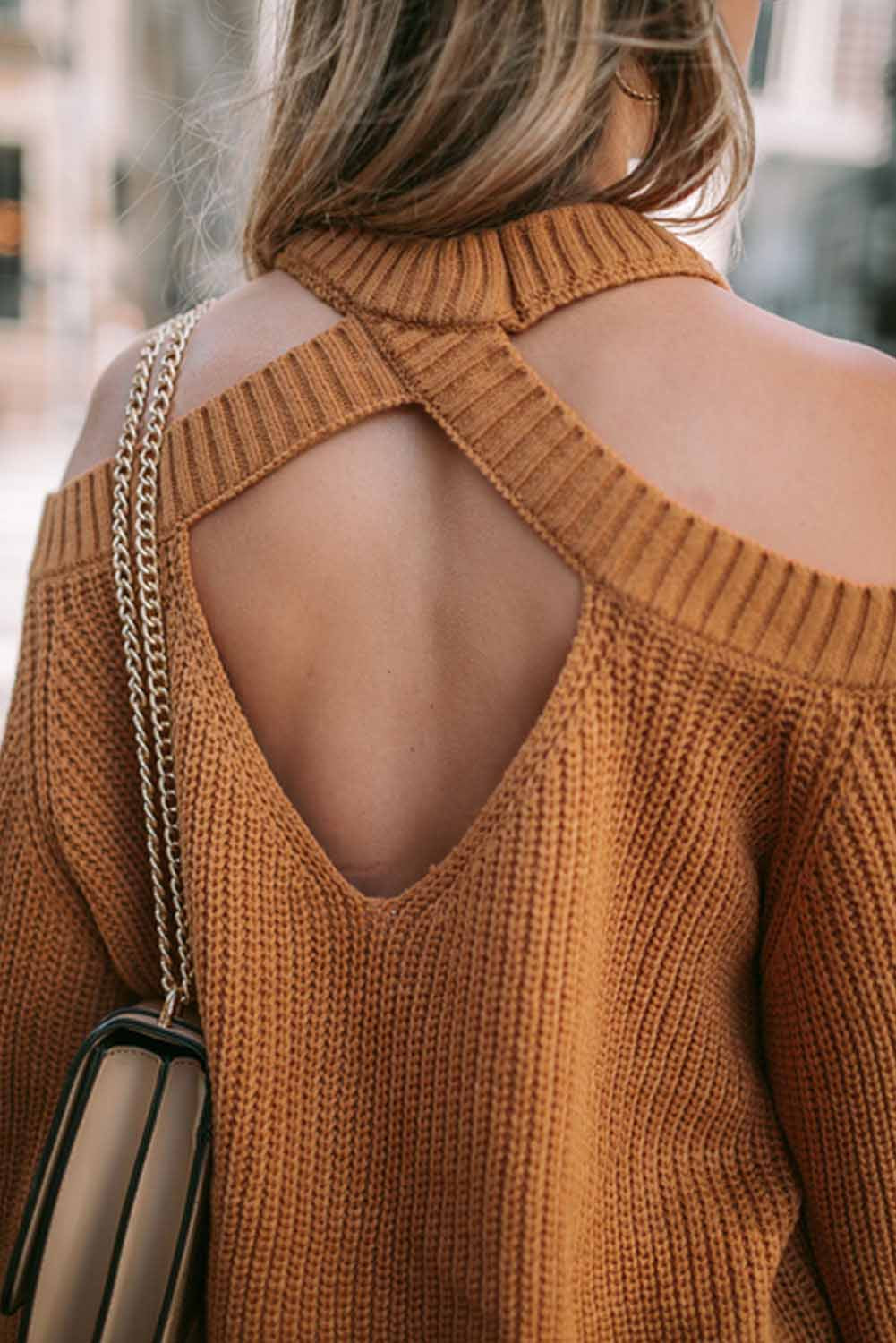 Brown Crew Neck Cold Shoulder Hollow-out Back Sweater